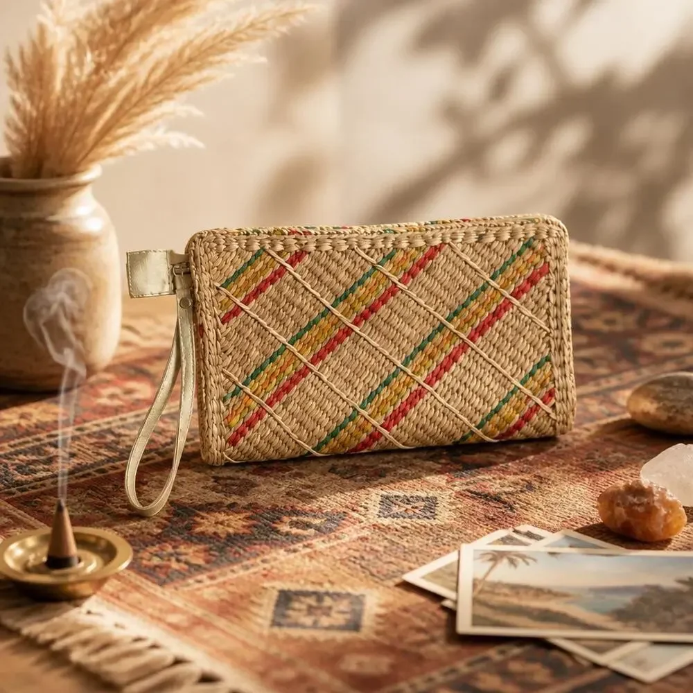 Vintage Woven Straw Raffia Wristlet Clutch: Plaid Stripes, Bohemian Summer Purse